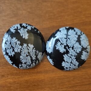 Black and Gray Snowflake Obsidian Clip Earrings